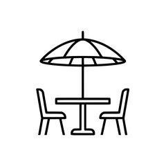 Outdoor cafe table icon with umbrella and chairs.