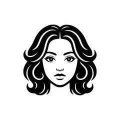 Vector illustration of a young woman's face with elegant black wavy hairstyle.
