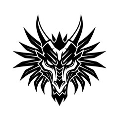 Powerful and bold dragon head graphic illustration with symmetrical details.