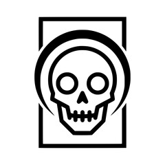 Bold and minimalist human skull graphic illustration within a geometric frame.