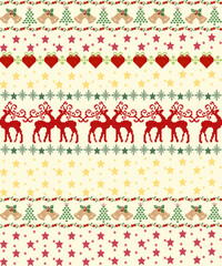 Christmas seamless pattern with reindeer, hearts, stars, and folk ornaments in red and green tones for festive textile and holiday decor design