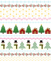 Christmas seamless pattern with trees, houses, snowflakes, and festive ornaments in red, green, and white tones for holiday textile and winter decor design