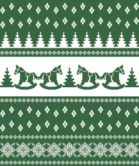 Christmas seamless sweater pattern with rocking horses, pine trees, and Nordic geometric motifs in green and white for winter knit textile design