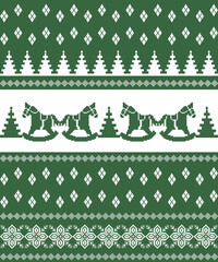 Christmas seamless sweater pattern with rocking horses, pine trees, and Nordic geometric motifs in green and white for winter knit textile design