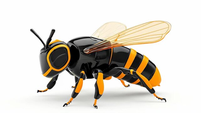 3D rendered illustration of a stylized bee with black and yellow stripes, translucent wings. The insect is isolated on a white background, perfect for design