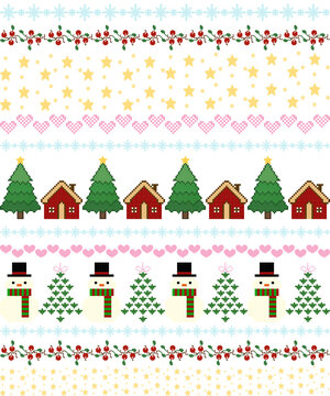 Christmas seamless pattern with trees, houses, snowflakes, and festive ornaments in red, green, and white tones for holiday textile and winter decor design