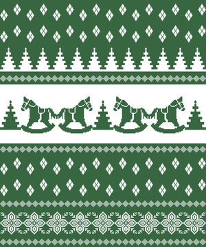 Christmas seamless sweater pattern with rocking horses, pine trees, and Nordic geometric motifs in green and white for winter knit textile design