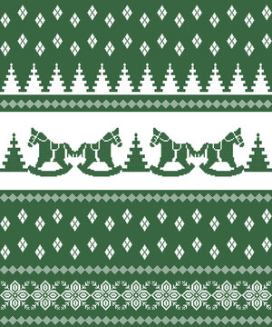 Christmas seamless sweater pattern with rocking horses, pine trees, and Nordic geometric motifs in green and white for winter knit textile design