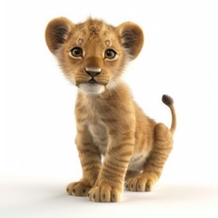 Obraz premium Adorable lion cub with big eyes and fluffy fur on white background