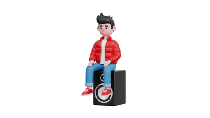 3D Cartoon Boy Sitting on Speaker on transparent background