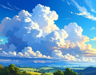 Cartoon-styled, vibrant, sunny sky with puffy clouds over rolling hills