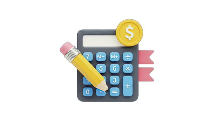 3D Calculator with Pencil, Coin, and Ribbons on transparent background