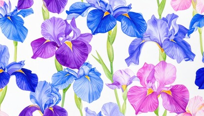 Fototapeta premium Watercolor Iris Flowers Seamless Pattern - A Vibrant Floral Design.