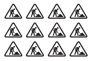 Construction Work Warning Sign Icons with Worker and Shovel Triangle Symbol Sets