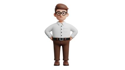 3D Cartoon man with glasses standing with hands on hips on transparent background