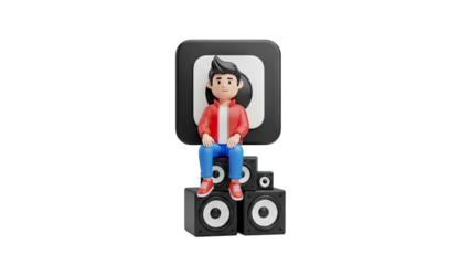 3D Cartoon boy sitting on speakers with app icon on transparent background