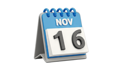 3D Desktop Calendar Showing November 16 on transparent background