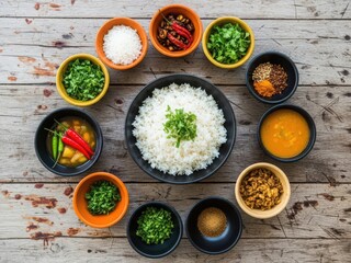 Delicious indian food with rice and various toppings on wooden table