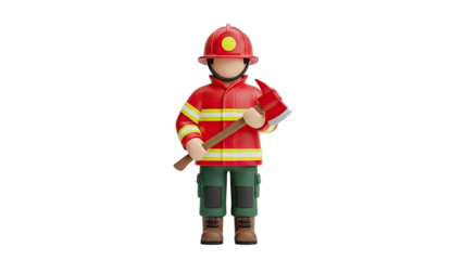 3D Cartoon Firefighter Holding an Axe on transparent background