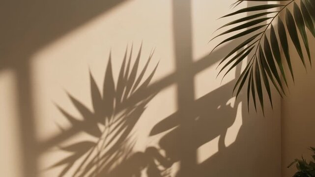 Shadows of palm leaves on a beige wall with natural light through a window.