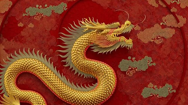 Dynamic close-up illustration of a magnificent golden imperial Chinese dragon against a traditional red background