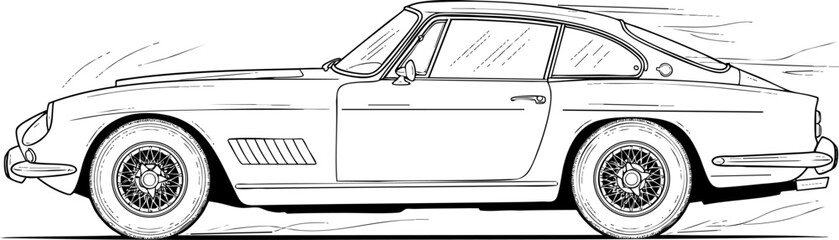 Vintage Classic Sports Car Line Drawing Illustration in Profile View