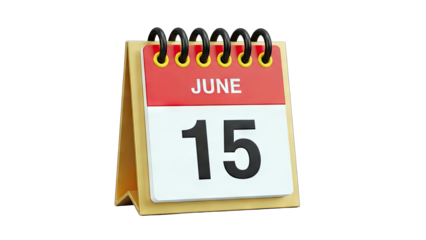 3D Desk Calendar Showing June 15 on transparent background