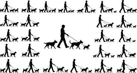 Set of people walking dogs silhouettes, professional dog walkers with multiple pets on leashes, animal care icons, outdoor activity, domestic puppy training, vector.