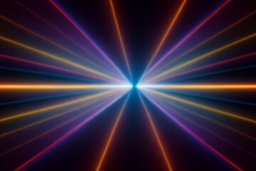 Obraz premium Symmetric convergence of neon beams into a cool blue nexus, radiating multicolored rays across a dark void, evoking balance, duality and high energy futuristic cosmic geometry
