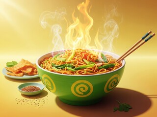 Spicy noodle dish with vegetables and fried wontons