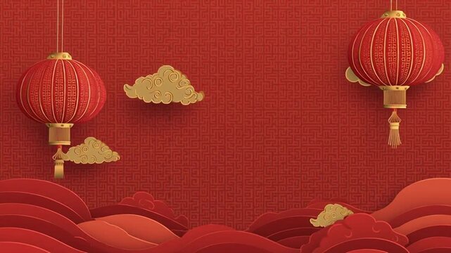 Vibrant Red Festive Background with Ornate Lanterns, Golden Clouds and Waves