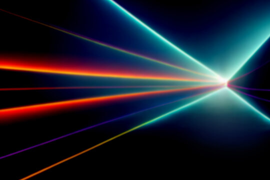 Sweeping neon beams racing toward a brilliant cyan focal point, cinematic perspective of multicolored light streaks cutting through darkness like hyperspace travel in a futuristic universe


