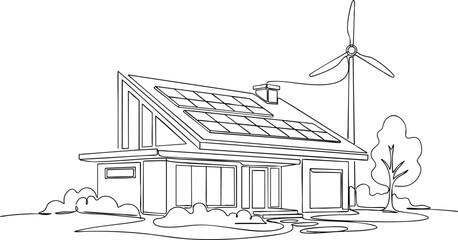 Modern Eco-Friendly House with Solar Panels and Wind Turbine Drawing