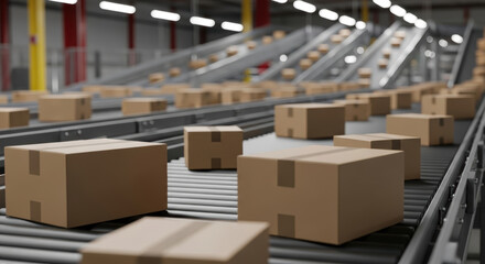 Cardboard boxes moving on conveyor belt in industrial warehouse setting viewed from the side.