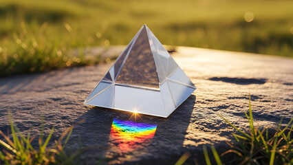 Crystal glass pyramid resting on a natural stone outdoors refracting sunlight into a rainbow spectrum symbolizing zen harmony and clarity