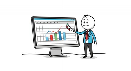 Animated Stickman Presenting Business Graph on Screen in Blue Blazer Isolated on White