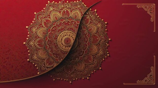 Opulent deep crimson red background with golden ornamental mandala illustration, elegant cultural design.