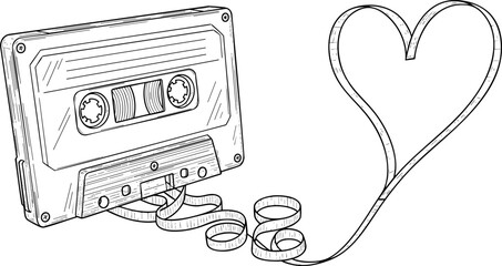 Retro Cassette Tape Drawing with Magnetic Tape Forming a Heart Shape