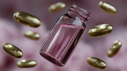 Floating supplement bottle capsule golden glass pink background wellness beauty vitamin glossy health levitation