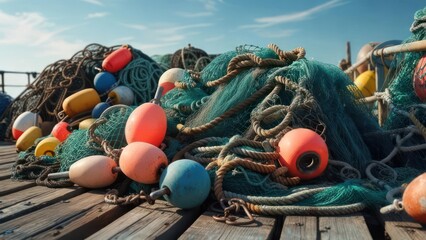 Fishing nets and buoys on a wooden dock