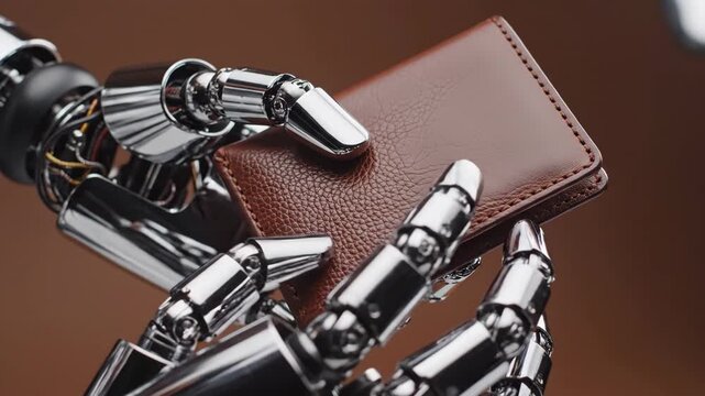 A chrome robot hand holds a textured brown leather wallet against a warm brown backdrop