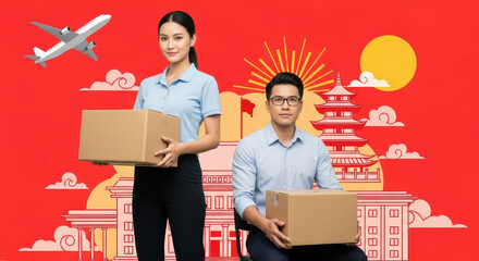 Diverse professionals holding boxes in front of a vibrant cityscape illustration with an airplane flying overhead and a sunny background