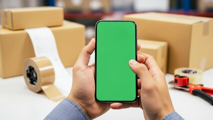 Hands Holding Green Screen Smartphone in Warehouse with Shipping Boxes and Tape Dispenser ready for Packing and Delivery logistics and e-commerce technology - Powered by Adobe
