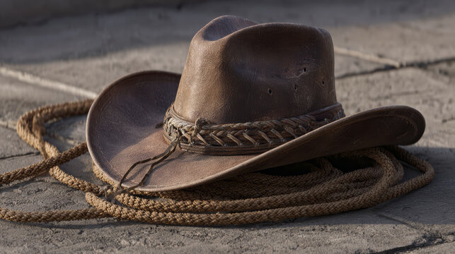 Cowboy hat leather hat rope lasso ranch western vintage brown sunlight outdoors Cowboy hat on coiled lasso rope on sunlit ranch stone floor - Powered by Adobe