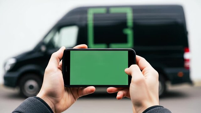 Hands Holding Smartphone With Green Screen In Front Of Black Delivery Van With Green Logo On White Wall During Day Time Outdoor Shot