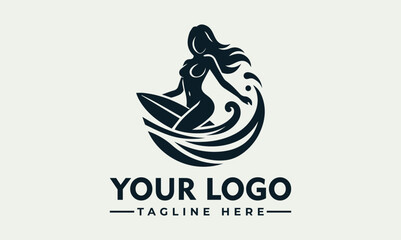 Vector logo featuring a surfing woman silhouette on a wave with customizable text on a light background.