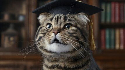 Cat tabby graduation cap funny whisker pet animal surprised tabby cat wearing graduation cap in library interior, cute academic pet expression