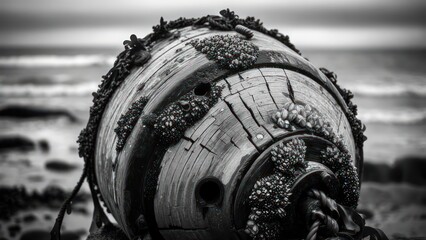 Close-up of weathered wooden buoy