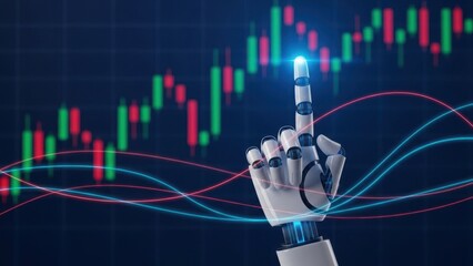 Robotic hand pointing upwards with a glowing finger tip in front of a colorful stock market graph background