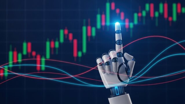 Robotic hand pointing upwards with a glowing finger tip in front of a colorful stock market graph background - Powered by Adobe